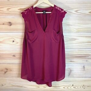 Torrid Top Woman 3‎ Sleeveless Pockets Sheer Embroidered Wine Red